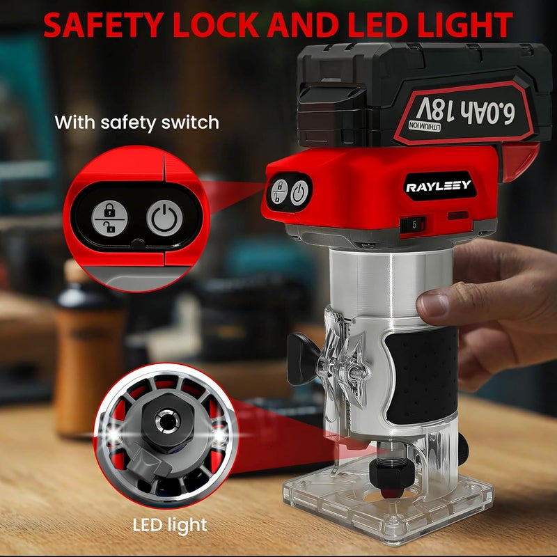 RAYLEEY Cordless Wood Router Trimmer Compatible With MILWAUKEE 18V Battery, 800W 30000 RPM Brushless Motor Hand Palm Router with 15pcs 1/4"Shank Router Bits for Woodworking,Slotting(NO Battery) - Image 5
